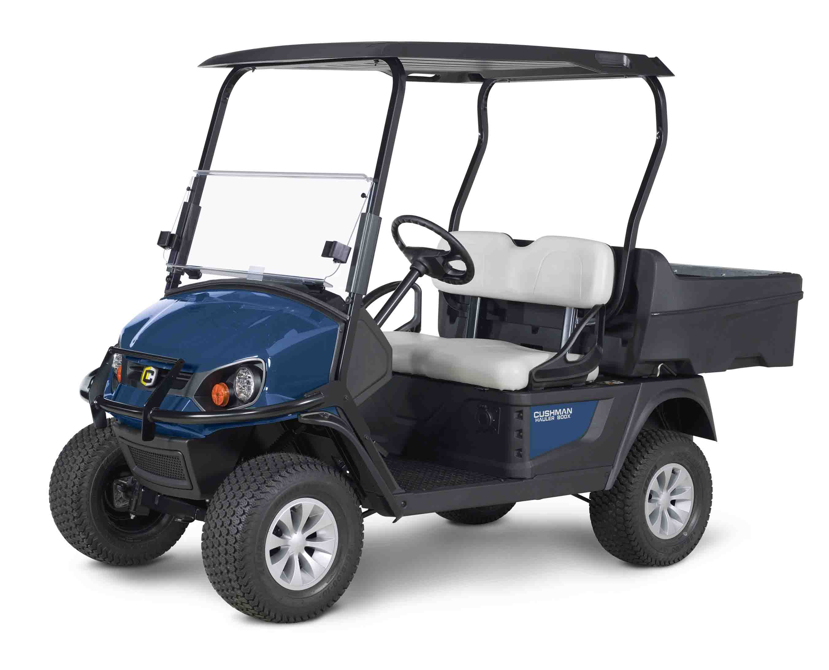 Blue Cushman utility cargo box golf cart with a blue roof in front of a blank white background.